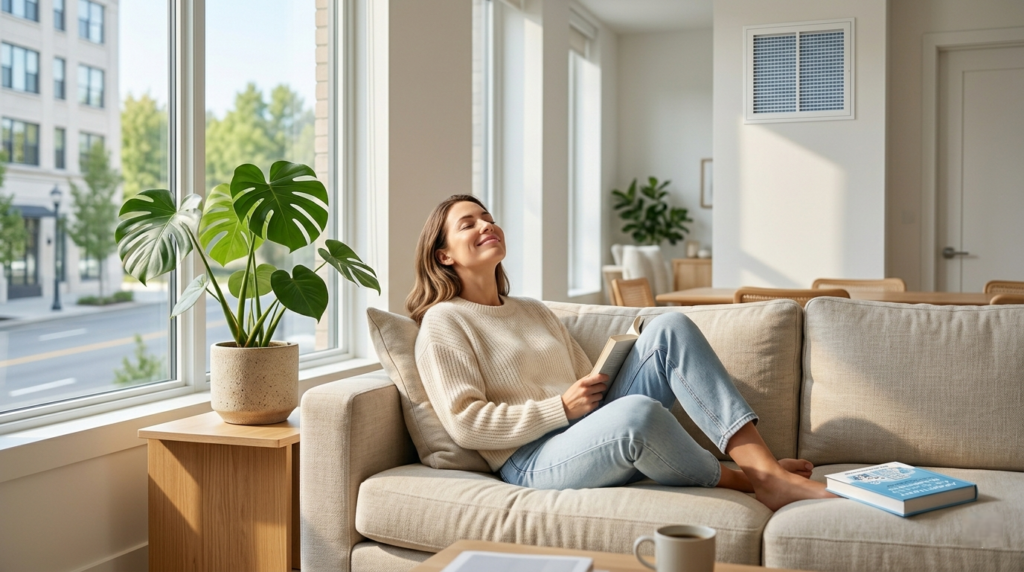 Apartment resident inhaling fresh air
