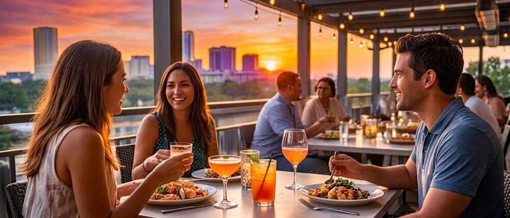 Group dining on West Houston patio during Houston Restaurant Weeks